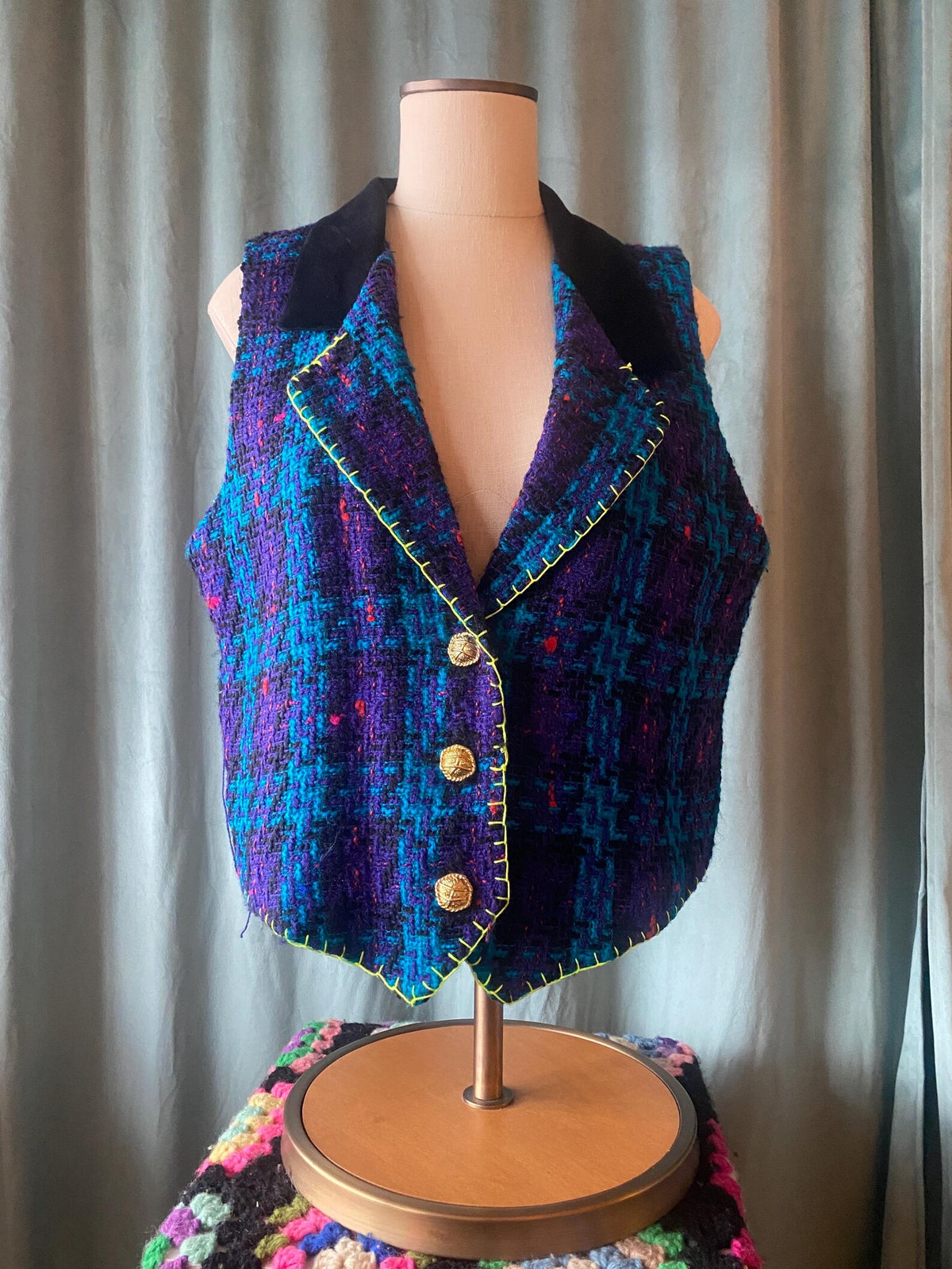 Vintage 1980s Upcycled Knit Vest with Neon Thread Detail – Size L – Unique Handmade Statement Piece