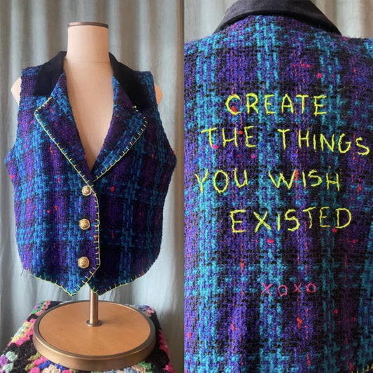 Vintage 1980s Upcycled Knit Vest with Neon Thread Detail – Size L – Unique Handmade Statement Piece