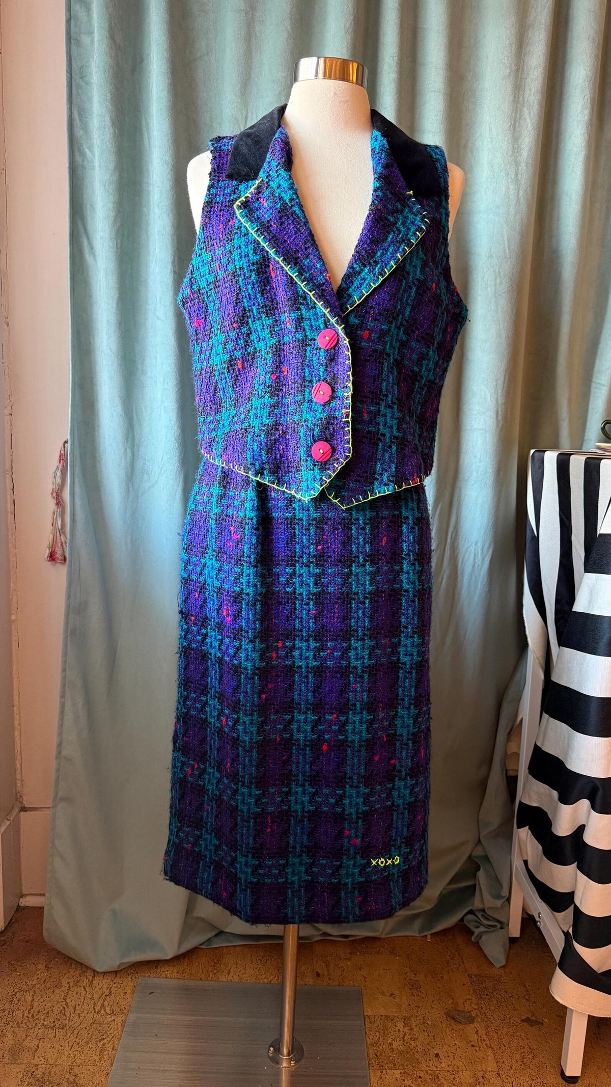 Vintage 1980s Upcycled Knit Vest with Neon Thread Detail – Size L – Unique Handmade Statement Piece