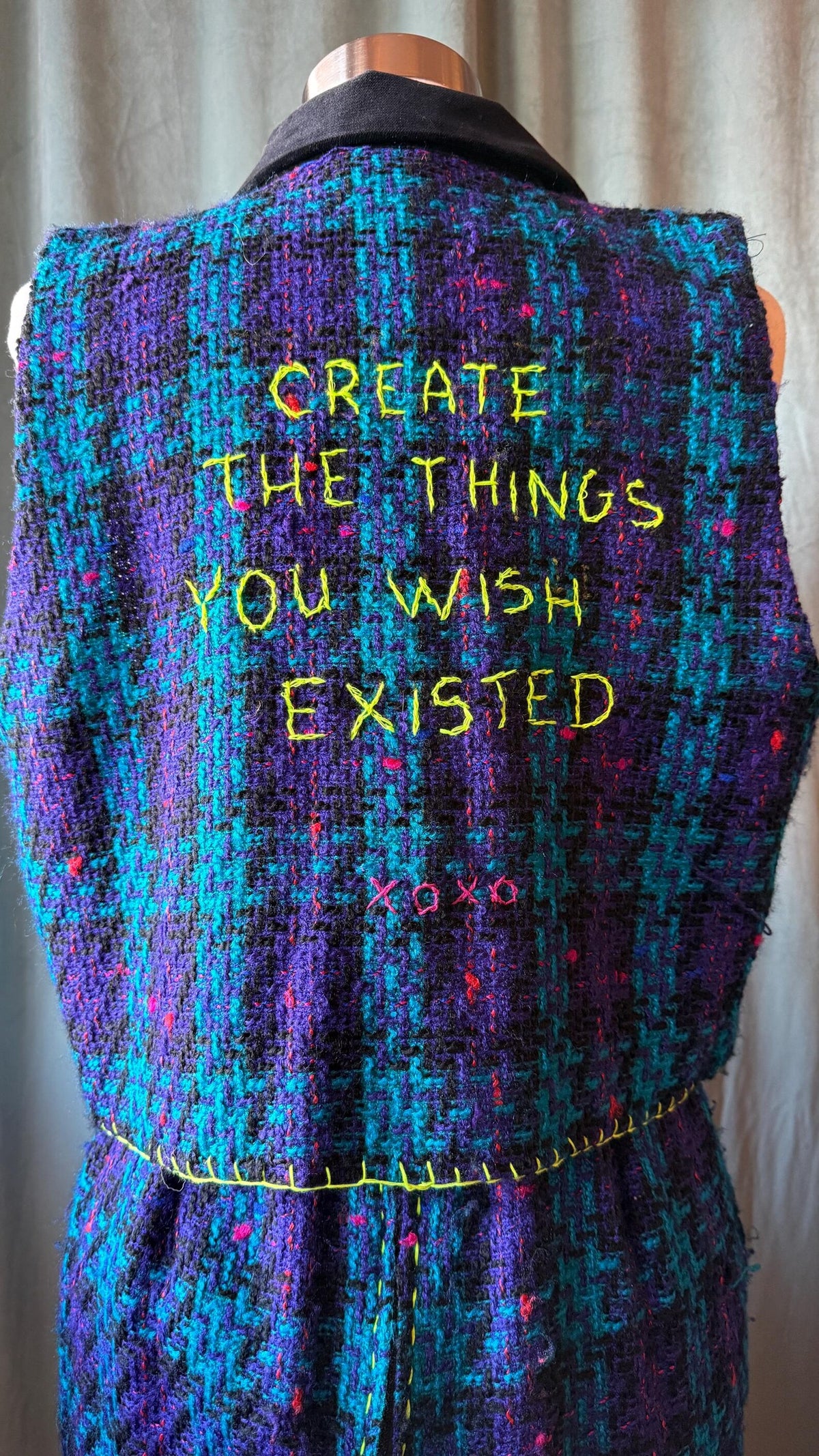 Vintage 1980s Upcycled Knit Vest with Neon Thread Detail – Size L – Unique Handmade Statement Piece