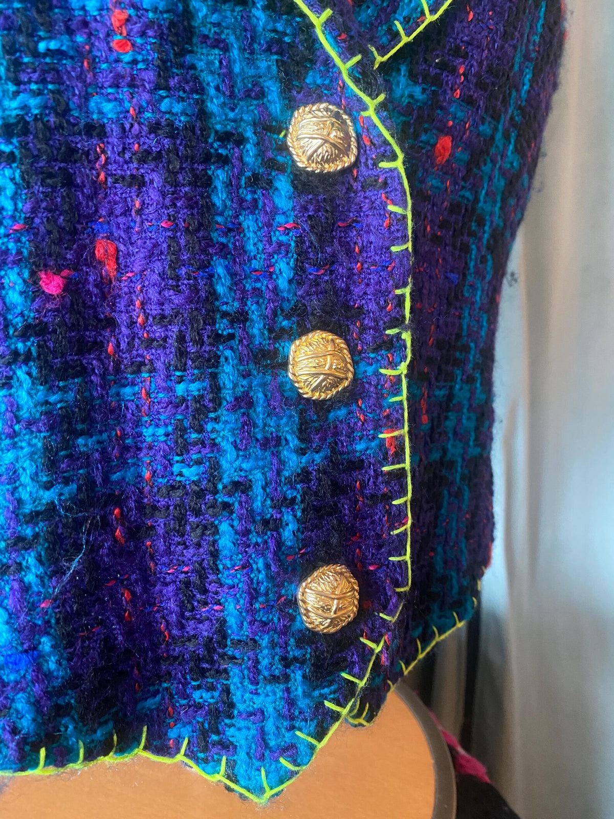 Vintage 1980s Upcycled Knit Vest with Neon Thread Detail – Size L – Unique Handmade Statement Piece
