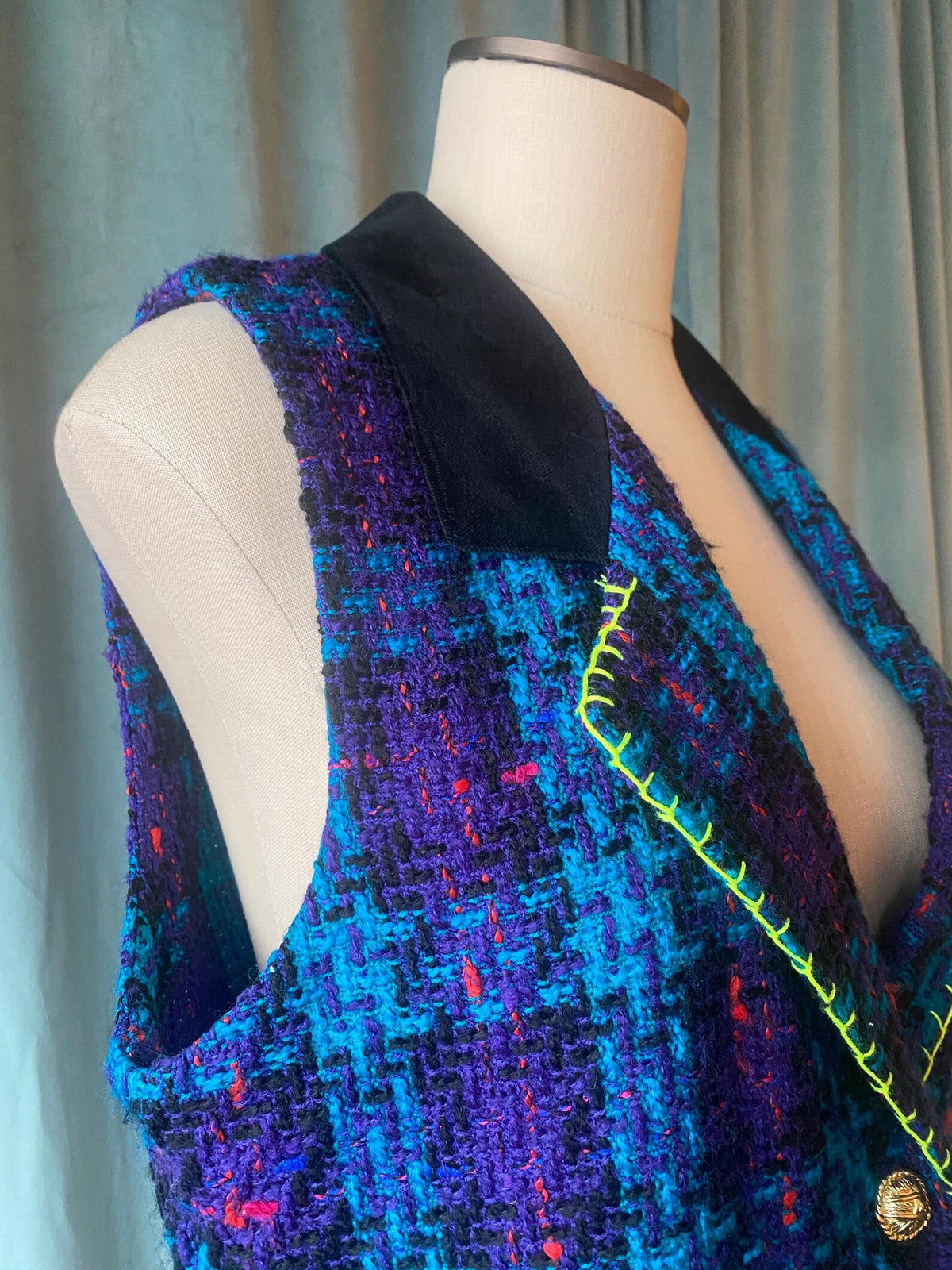 Vintage 1980s Upcycled Knit Vest with Neon Thread Detail – Size L – Unique Handmade Statement Piece