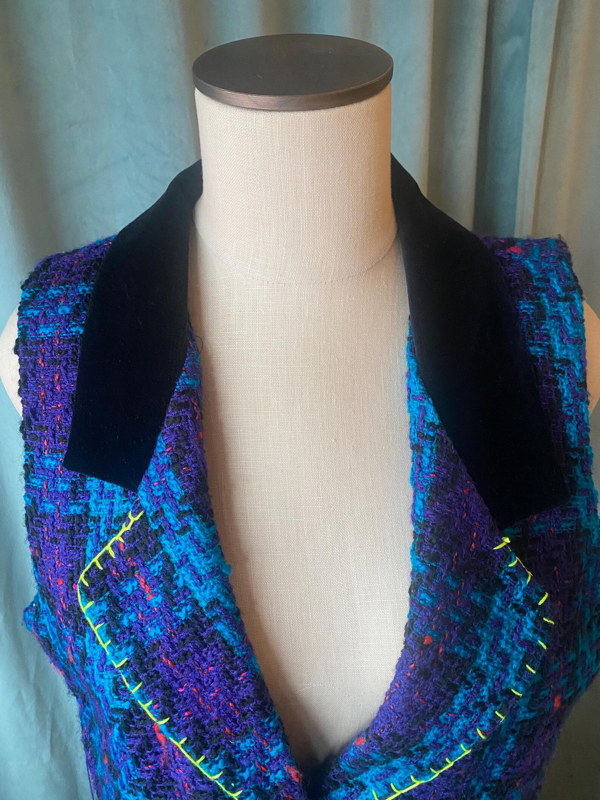 Vintage 1980s Upcycled Knit Vest with Neon Thread Detail – Size L – Unique Handmade Statement Piece