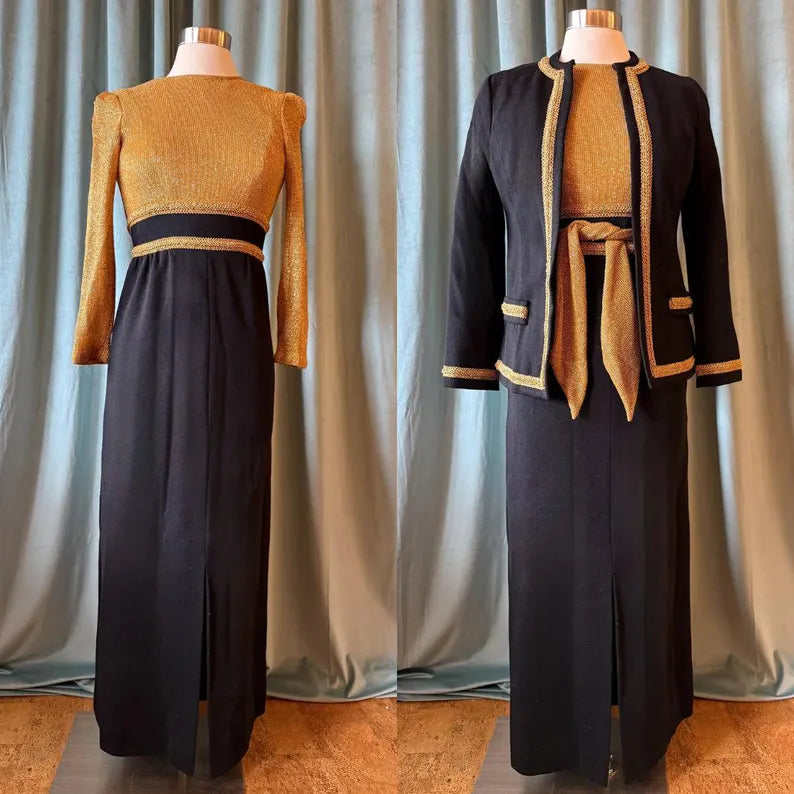 1970s Black & Gold Wool Twin Set • Vintage Sweater + Cardigan • Retro 70s Knitwear • Holiday / Cozy Outfit • Small