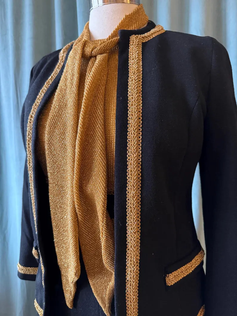 1970s Black & Gold Wool Twin Set • Vintage Sweater + Cardigan • Retro 70s Knitwear • Holiday / Cozy Outfit • Small