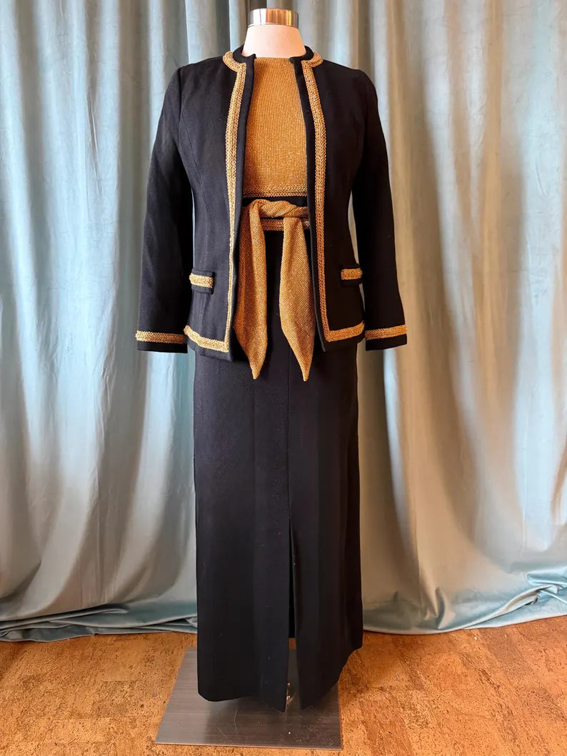 1970s Black & Gold Wool Twin Set • Vintage Sweater + Cardigan • Retro 70s Knitwear • Holiday / Cozy Outfit • Small