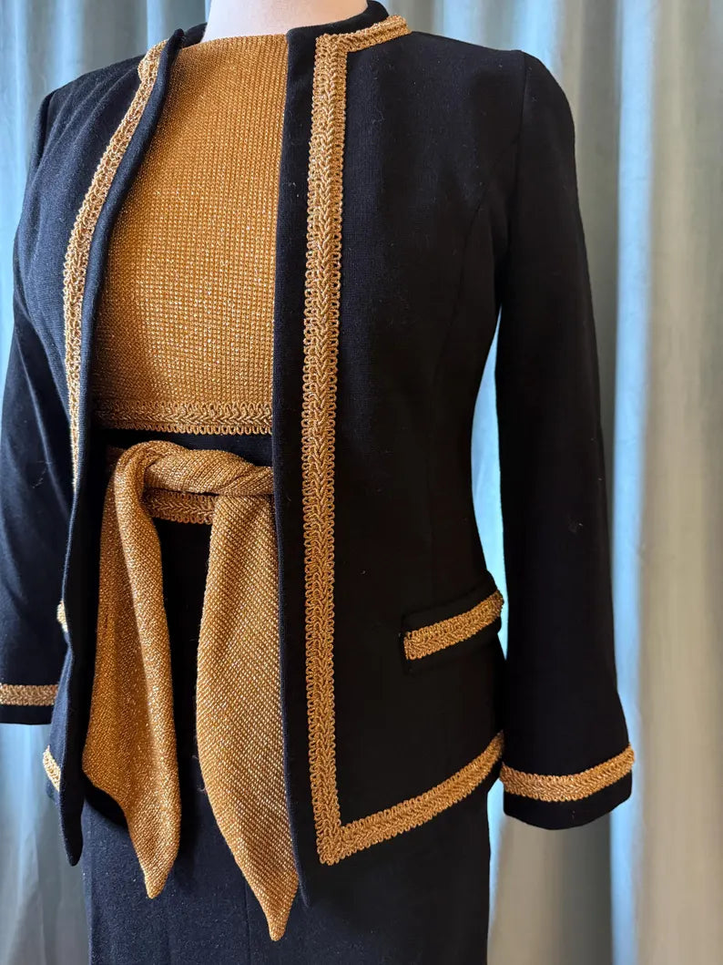 1970s Black & Gold Wool Twin Set • Vintage Sweater + Cardigan • Retro 70s Knitwear • Holiday / Cozy Outfit • Small