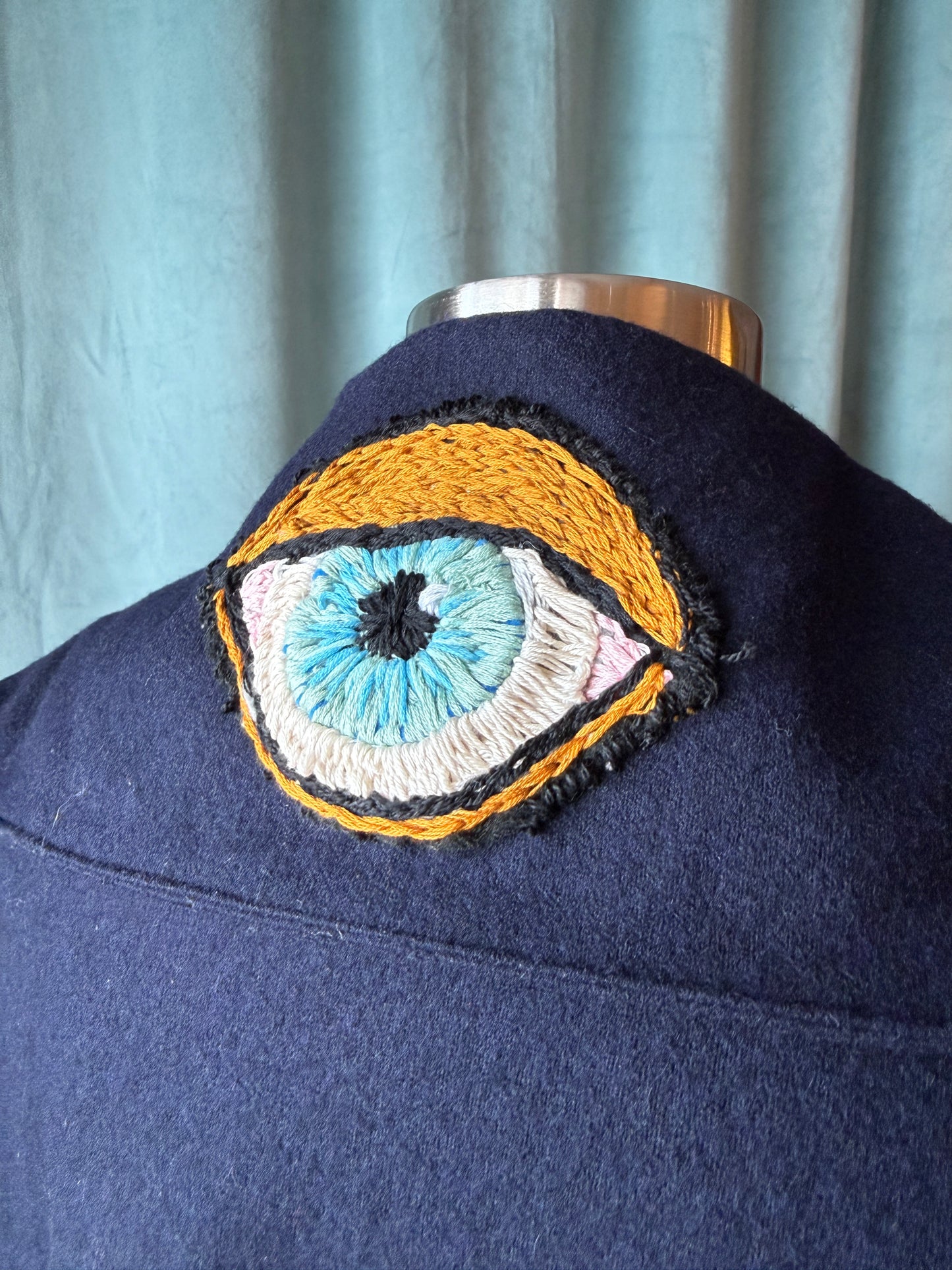 1950's Navy Wool Pullover with Hand-Embroidered Eye